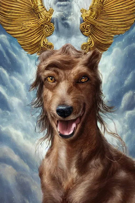 Image similar to a dog as god with a radiant halo, detailed face, gorgeous, amazing, flowing hair, very muscular male body, partial anatomy, stormy and grand war scene, delicate and intricate borders for decoration, caesar victorious, proud Emperor, crepuscular ray, intricate, highly detailed, 8K, digital painting, fantasy, artstation, concept art, sharp focus, over-shoulder shot, illustration, art by greg rutkowski beeple and alphonse mucha