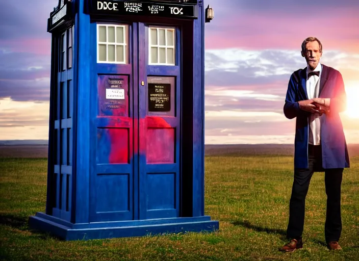 Image similar to dslr photo portrait still of hugh laurie as doctor who in front of the tardis at sunset, 8 k, 8 5 mm f 1. 4