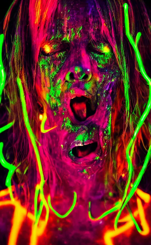 Image similar to grungy woman crying glowing neon paint, dark, horror, cinematic, Sony a7R IV, symmetric balance, polarizing filter, Photolab, Lightroom, 4K, Dolby Vision, Photography Award