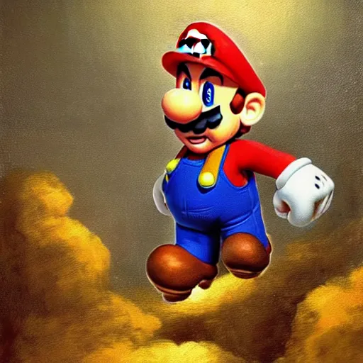 Prompt: super mario by rembrandt, intricate, ultra detailed painting, atmospheric lighting, golden hour