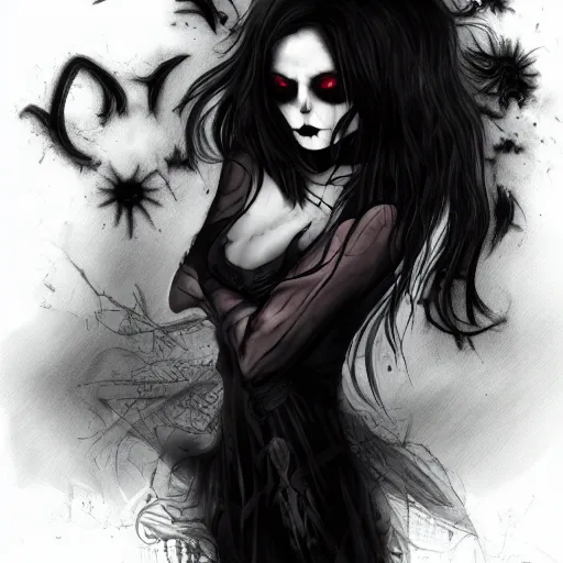 Image similar to The character, Death, a young Goth girl, dark, moody, mystical