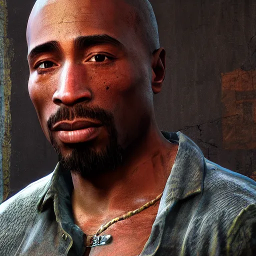 Image similar to high quality 8k screenshot of tupac shakur inThe Last Of Us, 8k full body model very rusty torn out texture