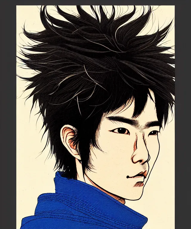 Prompt: a portrait of a smirking young japanese man, his hair is messy and unkempt, he is wearing an embroidered leather jacket, a masterful and highly - skilled full color illustration by otomo katsuhiro and kim jung gi, half - profile portrait, realistic proportions and anatomy, dynamic