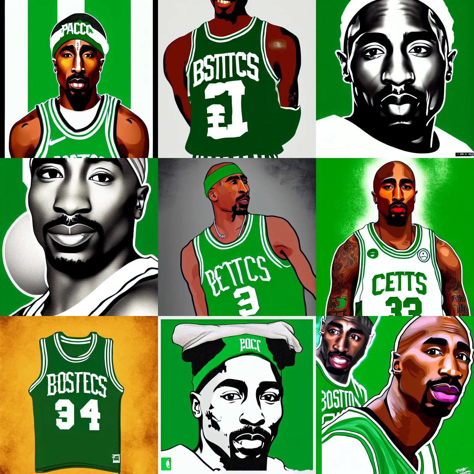 Prompt: portrait of tupac shakur, boston celtics jersey numbered 3 4, green, white, cartoon digital art, trending on artstation