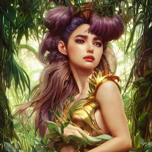 Image similar to Sailor Moon, queen of the jungle, fully clothed, pet animal, jungle fantasy, intricate, cinematic lighting, highly detailed, digital painting, artstation, concept art, smooth, sharp focus, illustration, art by Artgerm and Greg Rutkowski and Alphonse Mucha