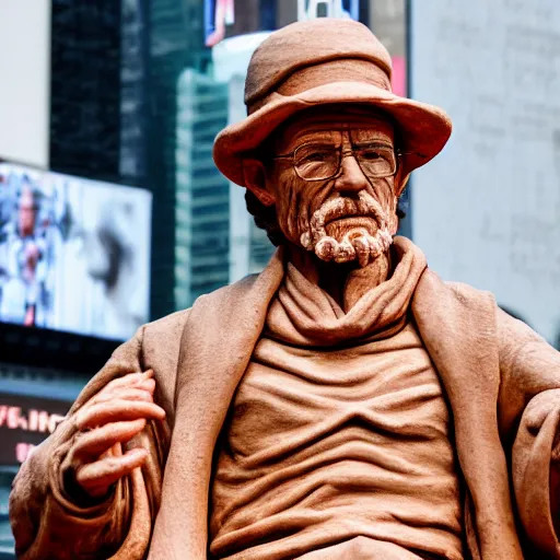 Image similar to a photograph of a very detailed renaissance clay sculpture of walter white wearing a phrygian cap in times square, made by michelangelo, shot from the distance, hyper detailed, sharp focus, 8 k resolution, ray tracing