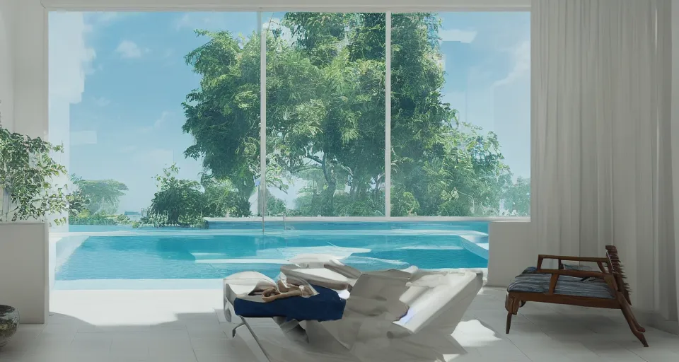 Prompt: Dream Pool in rooms of white ceramic tile, sunlight coming in from windows with a blue sky, environment unreal engine, low level, 4K UHD image, octane render,