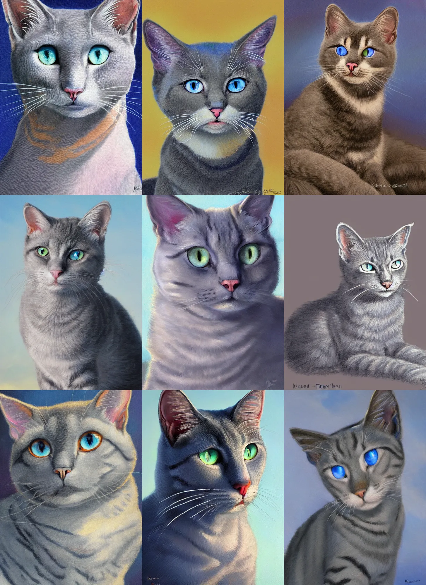 Prompt: painting of Ashfur from Warrior Cats, a light gray cat with dark specks and blue eyes, blue eyes!, golden hour, classical style, art by Kenne Gregoire and Paul Gustav Fischer