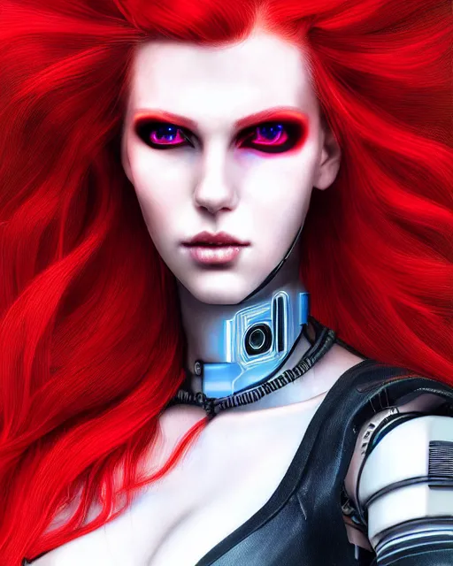 Prompt: red-haired cyberpunk beauty portrait, robotic couture, circuitry and electrical wiring, gorgeous cyborg mechanical art, by Artgerm and WLOP, artstation, black red ink smoke