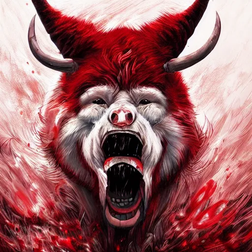 Image similar to a red and white bear with horns, stunning artwork, artstation, hyper - detailed digital art, fear, anguish, menacing,