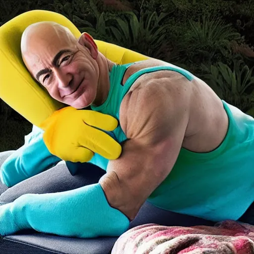 Image similar to portrait photo of swole jeff bezos cosplaying as lou ferrigno's incredible hulk while wearing yellow oven mitts and reclining in a lounge chair