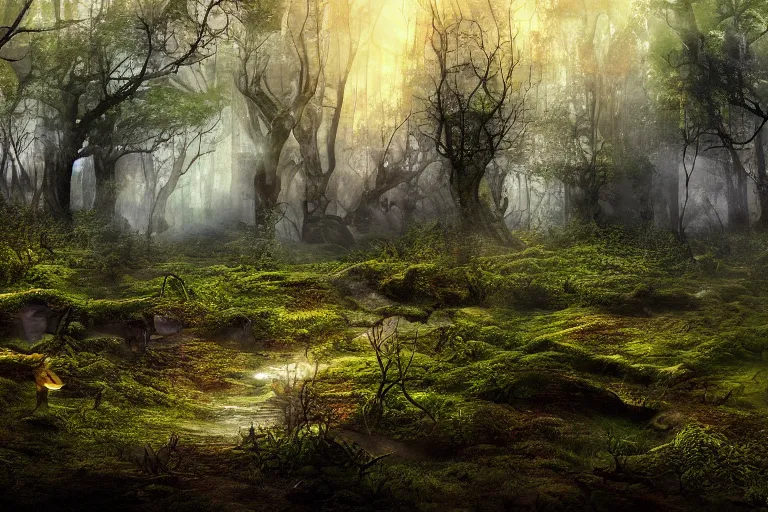 Prompt: digitalblasphemy digital blasphemy wallpaper render of an alien forest imaginative dreamworld expansive landscape