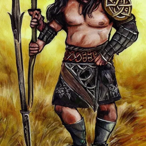 Image similar to full face and body character design reference art of Eoghaill of the Murine Hordes, a La Tene Culture Celtic chieftain and warrior, resplendent and proud of bearing, long black hair, hirstute and muscled, wielding a Celtic longsword, verminous seeming. high quality, high detail, realistic painting, in the style of: Angus McBride, Moebius aka Jean Giraud, and Michael William Kaluta. photorealistic light.