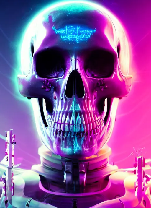 Image similar to album art of a futuristic skull with glowing eyes and a purple background, cyberpunk art by android jones, behance contest winner, computer art, darksynth, synthwave, rendered in cinema 4 d