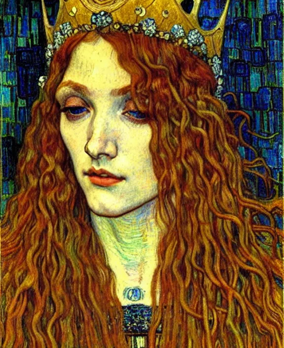 Image similar to detailed realistic beautiful young medieval queen face portrait by jean delville, gustav klimt and vincent van gogh, art nouveau, symbolist, visionary, gothic, pre - raphaelite, muted earthy colors, desaturated