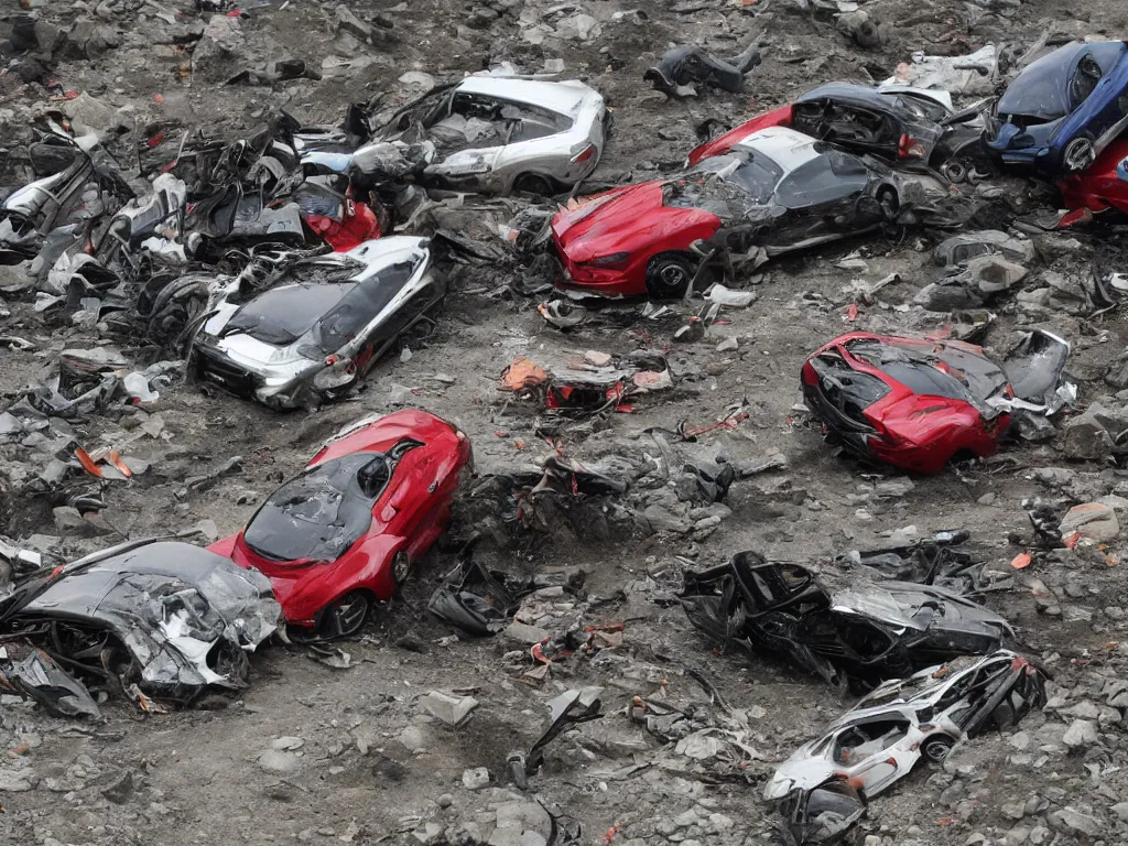 Image similar to crashed ferraris, 3 model lines on top of mount everest