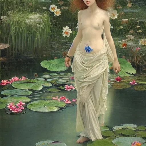 Image similar to a painting of a woman with greek white clothes floating in a pond of water lillies, a fine art painting, by liu jun, cgsociety, deviantart, pre - raphaelitism, figurative art, magical realism, detailed painting, made of flowers