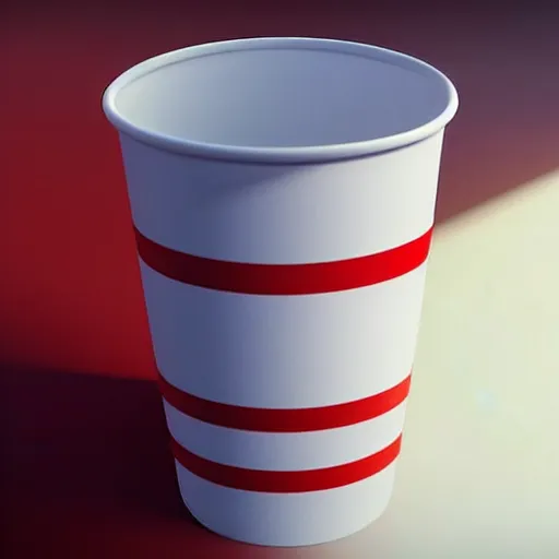 Image similar to white red white paper cup!!!, hyperrealistic, highly detailed, cinematic, volumetric sunlight, beautiful, cgssociety, artstation, 8 k, oil painting by greg rutkowski, by artgerm, by wlop