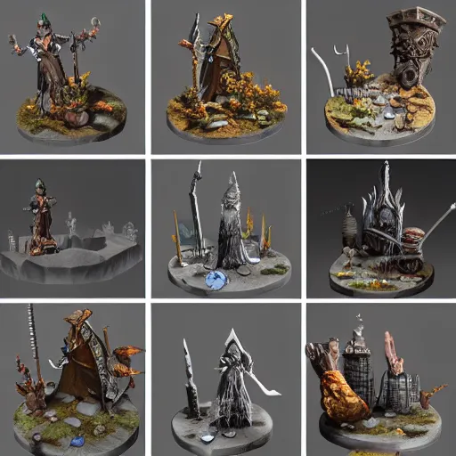 Image similar to highly detailed miniatures of various fantasy items from fantasy game. perfect lighting, ray tracing, realistic.