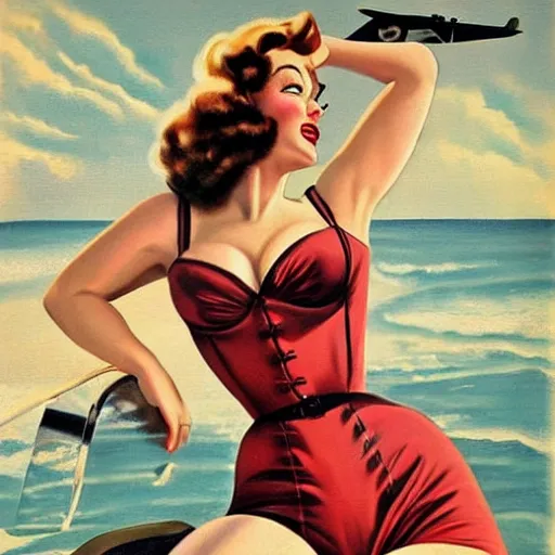 Image similar to Vintage pinup painting!!!! on b-25 bomber!!! of Christina Hendricks wearing 1940's swimsuit. Vintage color photograph, WWII, aircraft nose art!!!!!