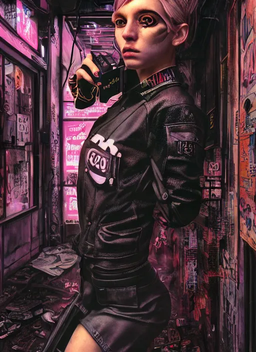 Image similar to portrait photo, 3 5 mm lomography, female doorwoman, gang clothing fashion, id magazine, hyperrealism, detailed textures, photorealistic, cyberpunk apocalyptic city, ultra realistic, cinematic, intricate, cinematic light, 8 k, david la chapelle, david kostic, artgerm