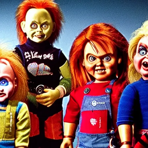 Image similar to Chucky the killer doll from the movie Child's Play surrounded by the Flodder family in a still from the dutch TV series Flodder (1993) 8k hdr