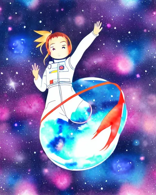 Image similar to oriental water color of a cute thicc female astronaut, floating through space, backlit, realistic anime