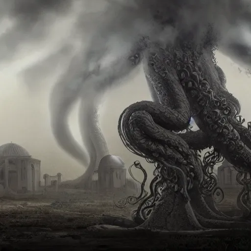 Image similar to Giant smoke monster coming out of the ground, thick swirling smoke, Nyarlathotep, Tentacles, mist, dramatic lighting, Byzantine ruins, surrounded by priests, desert, cinematic, trending on artstation