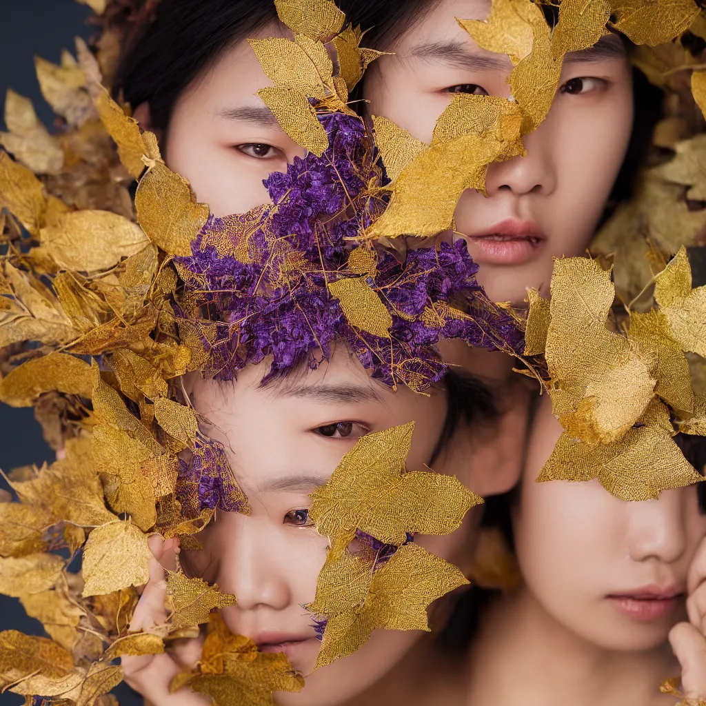 Image similar to close up portrait of a young korean face, gold leaves and violet silk threads mask, fashion magazine, portrait photography, annie leibovitz, david lazar, 1 0 5 mm, f 2. 8, in autumn, 8 k, detailed