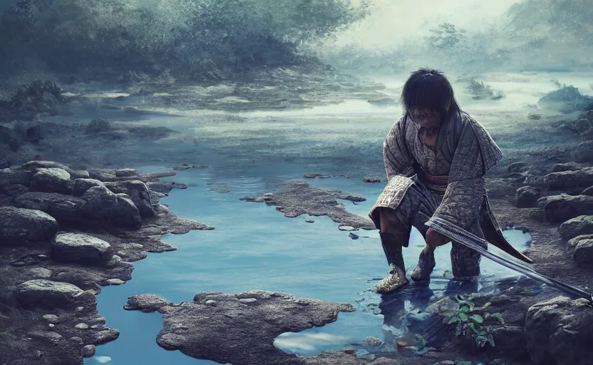 Prompt: highly detailed digital illustration of samurai kneeling in the blue puddle in old, ruined, japanese village from sengoku period, surrounded by the sea, with dark rocks, cinematic lighting, photobash, raytracing, volumetric lighting