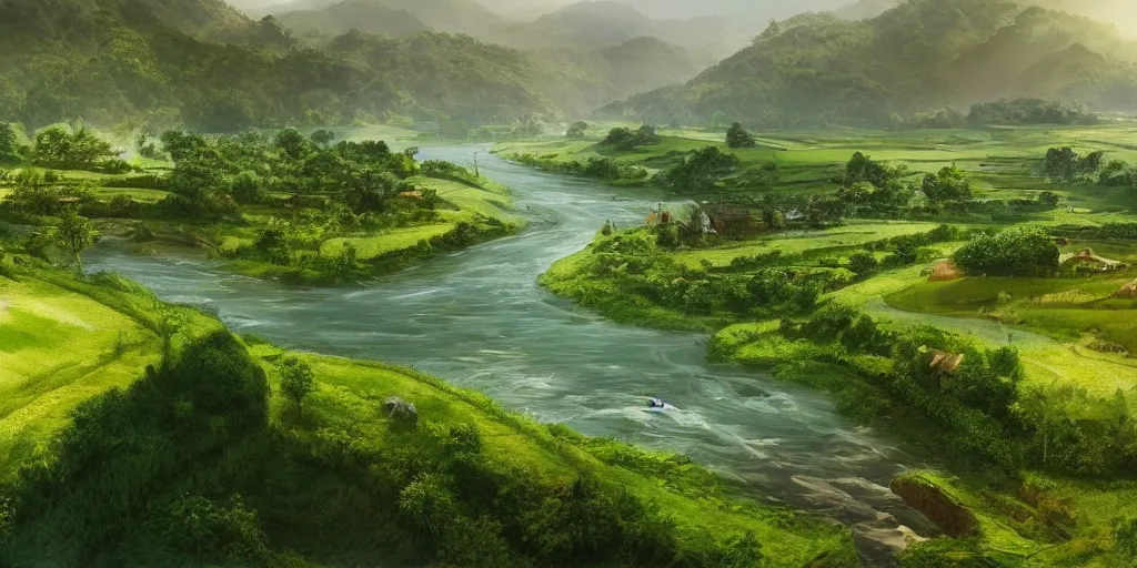 Prompt: a lush green valley with a clean meandering river, blue waters, crop fields, morning light, sun, beautiful, landscape view, village by the river, concept art, matte painting,