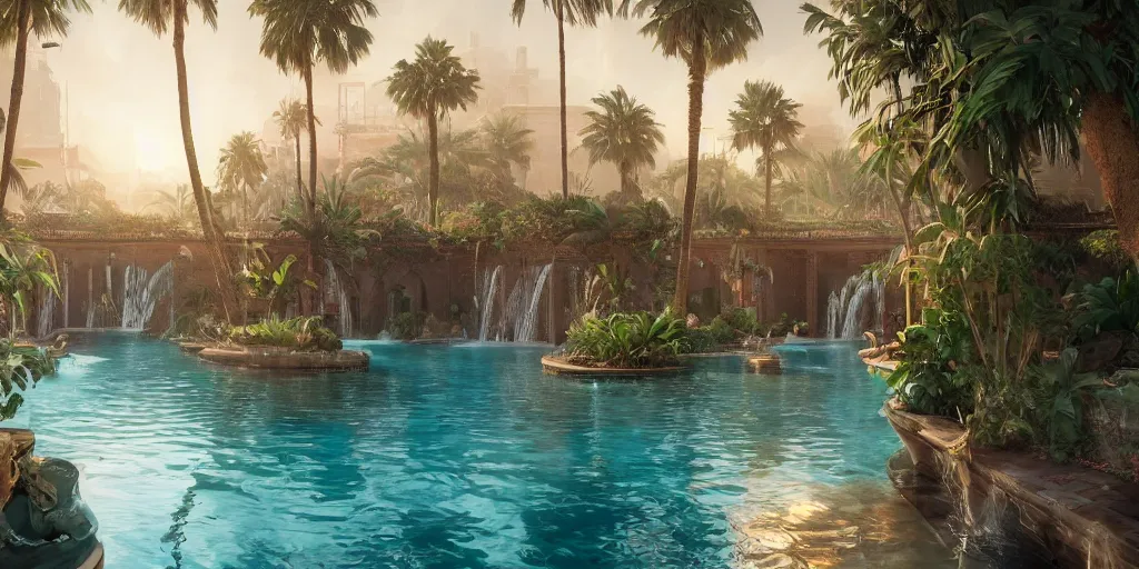 Image similar to beautiful pool waterfalls surrounded by palm trees, moroccan tile archways, industrial buildings, ivory towers, sun setting, ross tran, fantasy, james jean, peter morbacher, angelarium, alchemy, luxury, heavenly light, soft illumination, trending on artstation, cinematic lighting, digital painting, octane render, artgerm