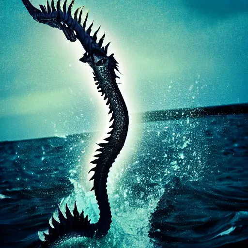 Prompt: 35mm photography sea dragon coming with wings, full head and face symmetrical scales, out of the water to attack a boat, rough seas, night, lighting, cinematic lighting, realistic