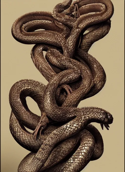 Image similar to snake with three heads with translucent skin, visible muscles and veins and arteries and bones and spines and nerves, beautiful detailed intricate insanely detailed octane render, 8k artistic photography, photorealistic, chiaroscuro, by David Cronenberg, Raphael, Caravaggio