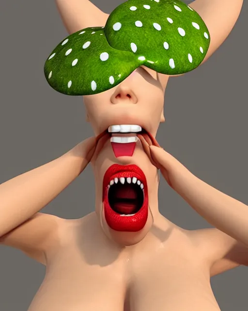 Prompt: hyperrealistic anthropomorphic cartoon 3 d unreal engine red and white polka dot venus fly trap luscious lips, big wet tongue photography portrait