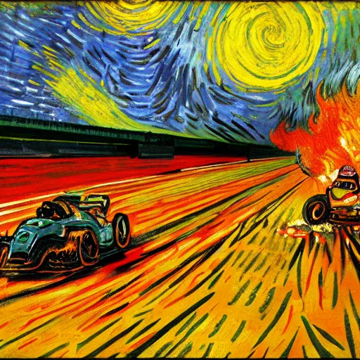 Image similar to fiery pit lane accident. painted by van gogh. bright colors . extreme heat