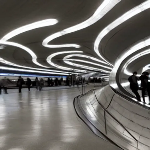 Image similar to an underground New York City subway station platform designed by Zaha Hadid