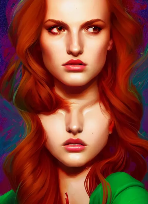 Image similar to full body portrait of teenage cheryl blossom, bangs, green eyes, mischievous expression, red hair, sultry smirk, bangs and wavy hair, intricate, elegant, glowing lights, highly detailed, digital painting, artstation, concept art, smooth, sharp focus, illustration, art by wlop, mars ravelo and greg rutkowski