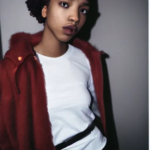 Image similar to realistic! photoshoot for a new vetements lookbook, color film photography, portrait of a beautiful woman, location in a apartment, in style of tyler mitchell, 35mm