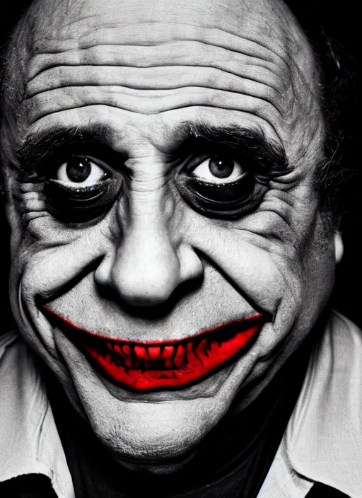 Image similar to photo of Danny Devito as the Joker by Lee Jeffries, head shot, detailed, award winning, Sony a7R