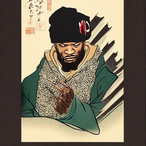 Image similar to Masta Killa from Wu-tang Clan rapping, portrait, style of ancient text, hokusai