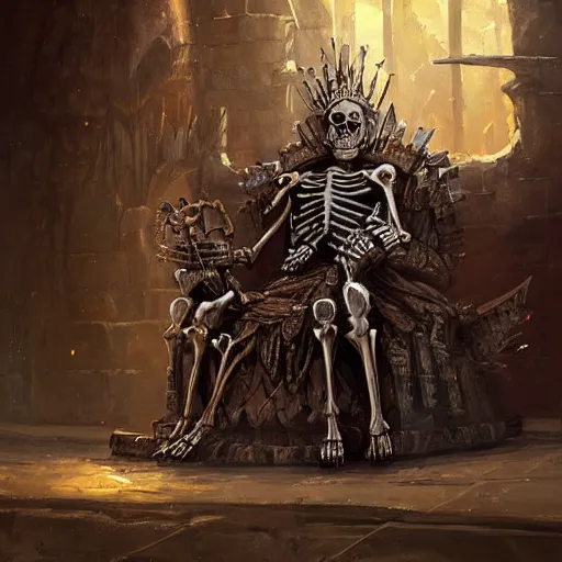 Image similar to Skeleton King, armour, resting on his throne, oil painting, by Fernanda Suarez and Greg Rutkowski