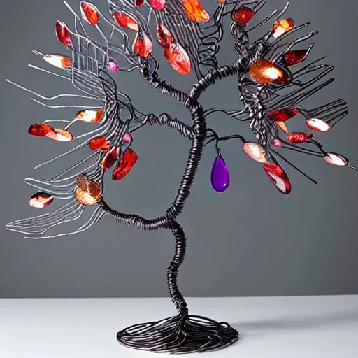 Image similar to intricate wire tree windswept and wing shaped with agate accents, delicate, magnificent design, masterpiece, colorful, surreal, elaborate, dramatic lighting