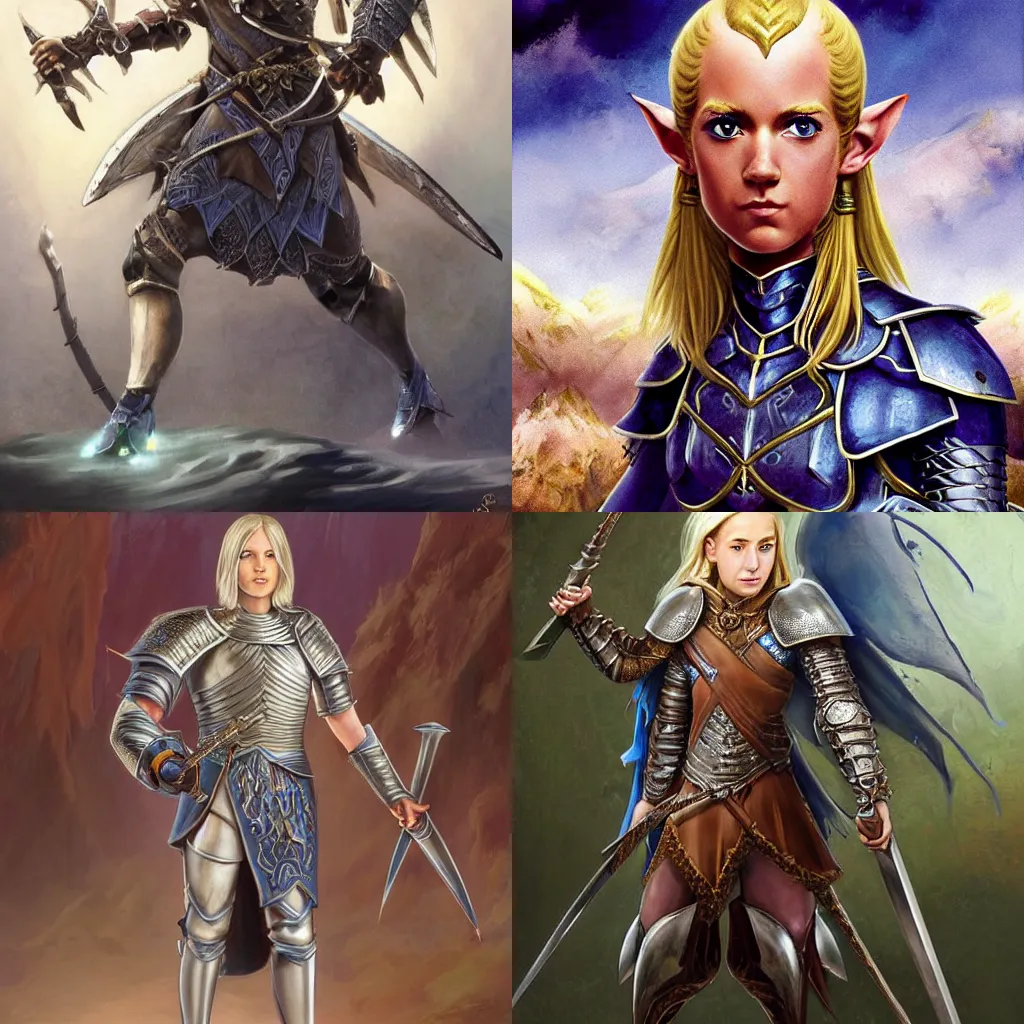 Prompt: A digital painting of highly detailed full body shot of a proud young elven knight in the style of Warhammer Fantas, short blonde hair, blue eyes, sapphire earrings, no helmet, low angle shot, highly detailed , by Stanley Artgerm Lau, frank frazetta, Rossdraws, James Jean, gerald brom, Andrei Riabovitchev, Marc Simonetti, and Sakimichan, trending on artstation, SFW version