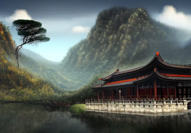 Image similar to ancient Chinese beautiful landscape mode concept art high realism