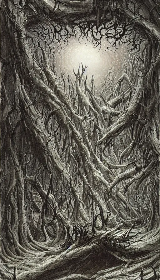 Prompt: a storm vortex made of many demonic eyes and teeth over a forest, by john howe