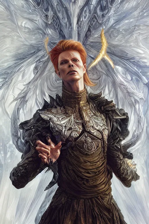 Image similar to ultra realistic illustration, fairy king david bowie from diablo and baldurs gate, intricate, elegant, highly detailed, digital painting, artstation, concept art, smooth, sharp focus, illustration, art by artgerm and greg rutkowski and alphonse mucha