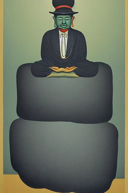 Prompt: A buddha wearing a bowler hat is thinking: Our hindrances are obstacles to enlightenment as abstract art in the style of Magritte