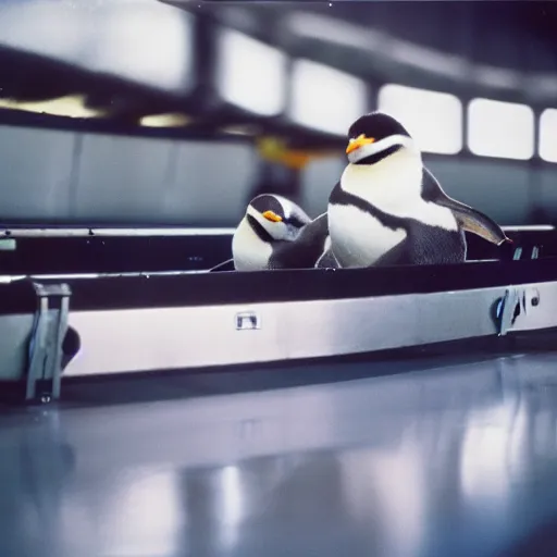 Image similar to two baby penguins in airport baggage claim area, conveyor belt. ektachrome,