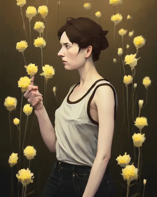 Image similar to cottagecore hyper - realistic portrait of a woman in black sleeveless t - shirt, flowers, by atey ghailan, by greg rutkowski, by greg tocchini, by james gilleard, by joe fenton, by kaethe butcher, dynamic lighting, gradient light yellow, brown, blonde cream and white color scheme, grunge aesthetic